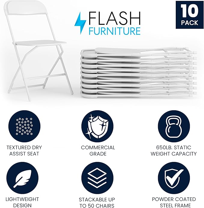 Flash Furniture Hercules Set of 10 Indoor/Outdoor Heavy-Duty Plastic Folding Chairs, Foldable Commercial Stacking Chairs with 650-lb. Static Weight Capacity, White - Image 4