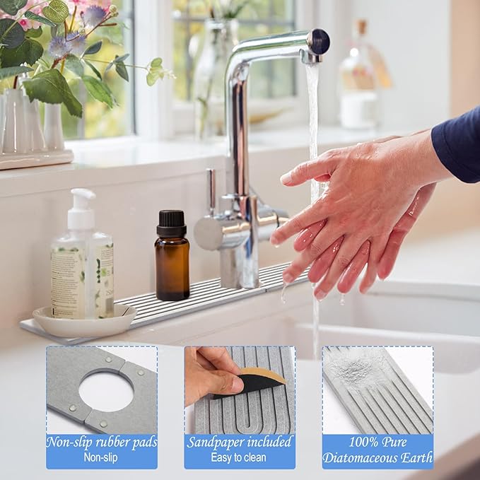 Stone Faucet Mat for Kitchen Sink- 15.6''x 3.9''Diatomite Fast-Drying Faucet Mat - Image 3