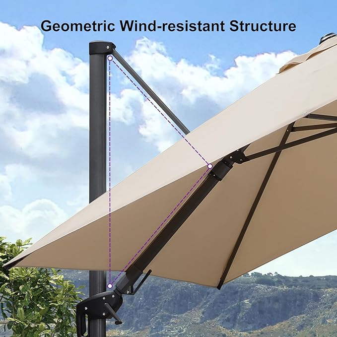 PURPLE LEAF 6.5' X 10' Left-right Tilt Patio Umbrella with Base Outdoor Cantilever Swivel Rectangle Umbrella Aluminum Offset Umbrella with 360-degree Rotation for Garden Deck Pool Patio Beige - Image 9