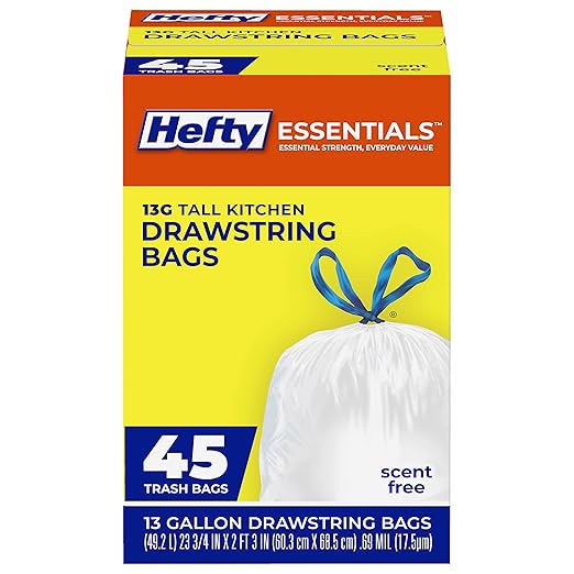 Hefty Essentials Drawstring 13 Gallon Kitchen Trash Bags, Tall Unscented Trash by Hefty