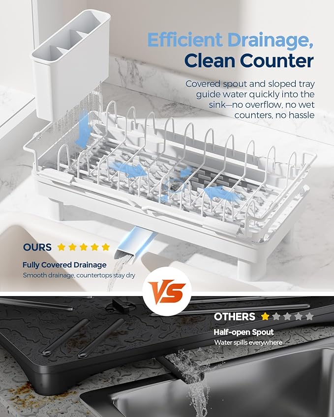 Nacial 2-in-1 Small Dish Drying Rack Fits 14''–21.8'' Sink, Dish Drainers - Image 5