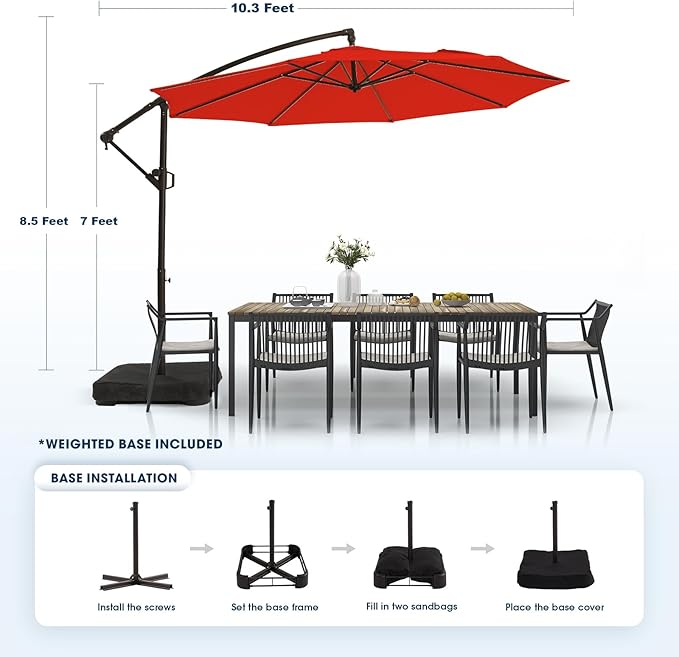 wikiwiki 10ft Patio Umbrella with Base Included, Outdoor Offset Cantilever Umbrella, Infinite Tilt, Crank and Cross Base, Light Red - Image 6