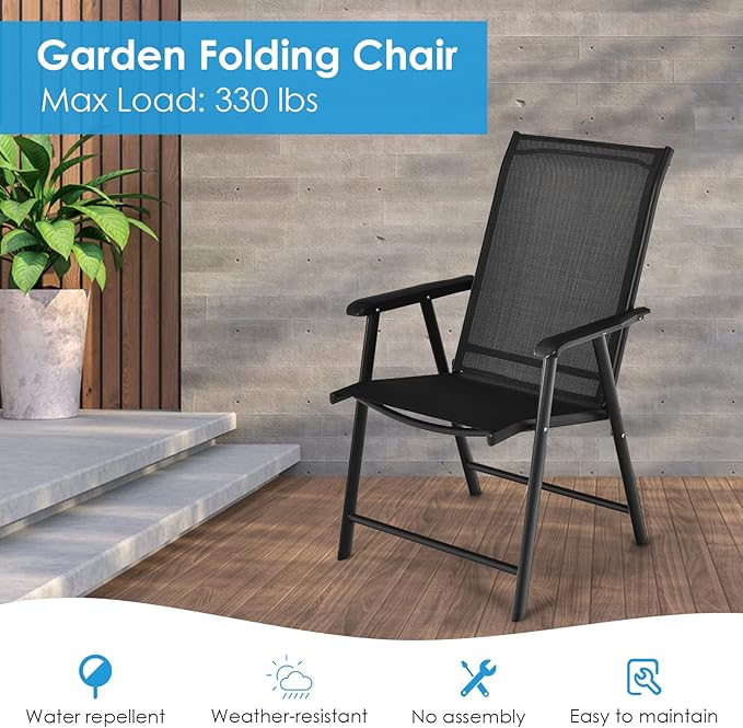 Giantex Set of 2 Patio Folding Chairs, Portable Outdoor Dining Chairs with Armrest for Porch Camping Pool Beach Deck Lawn Garden, Metal Frame, Black - Image 8