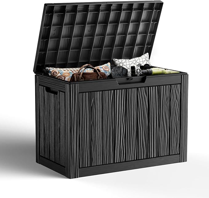 45 Gallon Outdoor Storage Box, Weather Resistant & Waterproof Resin Deck Box with UV Protection, Rattan Black Patio Storage Cabinet for Garden, Patio, Porch, Poolside(Black) by KFY
