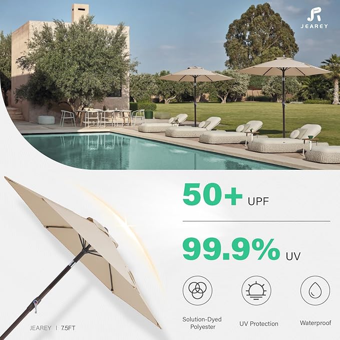 JEAREY 7.5FT Patio Umbrella Outdoor Market Umbrella with 6 Sturdy Ribs, Push Button Tilt/Crank Table Umbrella for Garden, Deck, Backyard and Pool, Beige - Image 3