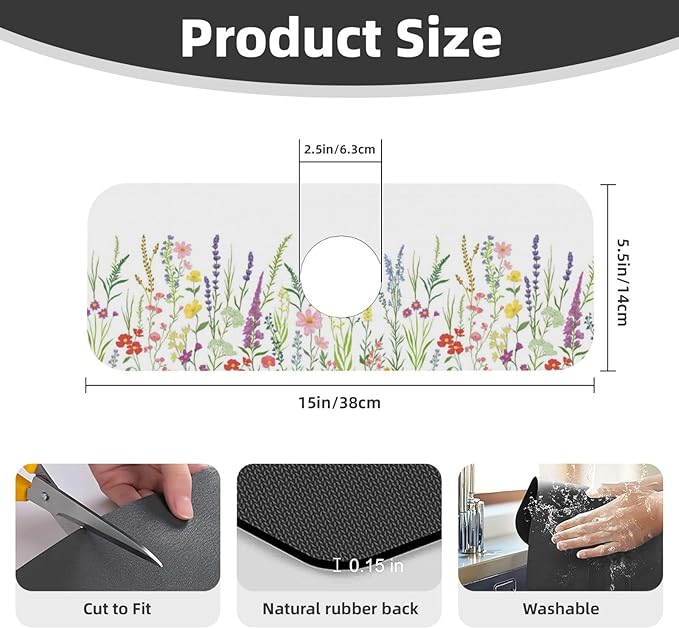 Wildflowers Floral Flower Kitchen Sink Splash Guard Faucet Mat Super Absorbent - Image 2