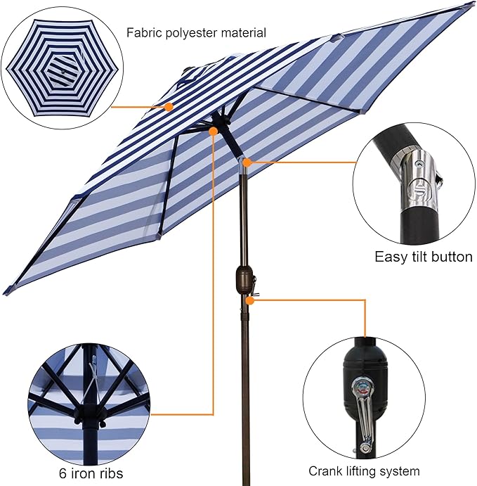 Blissun 7.5 ft Patio Umbrella, Yard Umbrella, Outdoor Market Umbrella with Push Button Tilt Crank (Blue&White) - Image 2