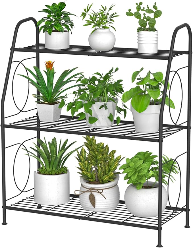 Plant Stand, 3 Tier Plant Shelf for Indoor Outdoor, Heavy Duty Metal Outdoor Plant Stand Holder Rack for Living Room Balcony and Garden, Iron Wire, Black by VyGrow