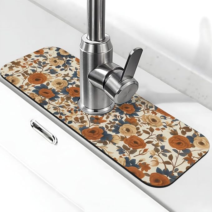 Faucet Draining Mat For Kitchen Sink, Peony Flower Blue Leaves Diatom Mud by indokyeyqaz