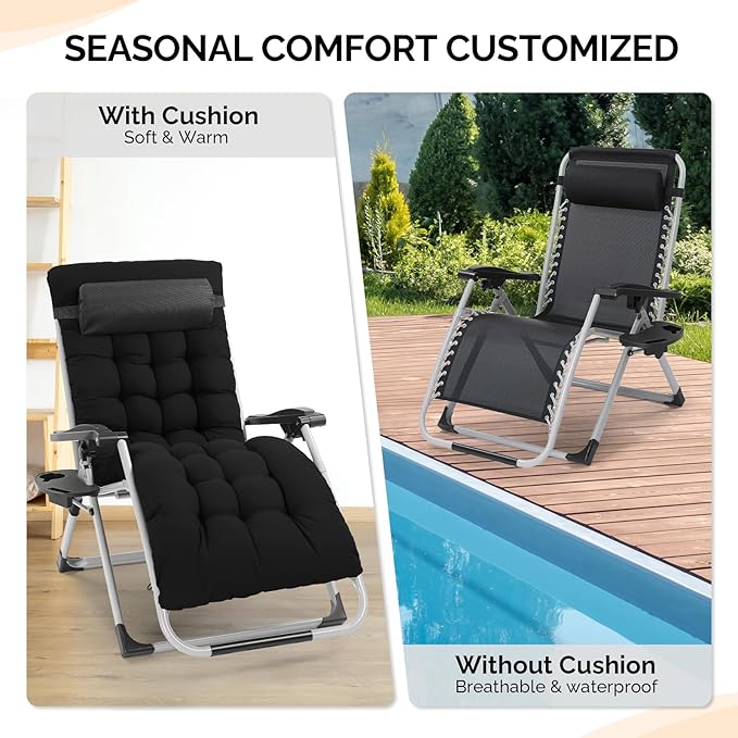 VINGLI 29" Padded Zero Gravity Chair, Lounge Chair with Removable Cushion & Tray， Folding Reclining Patio Chairs， Recliner Chair for Lawn，Indoor Outdoor-Black - Image 7