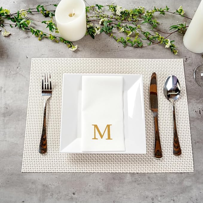 Restaurantware Napkins Pack of 300 Gold Letter M Linen-Feel Paper Disposable - Image 4