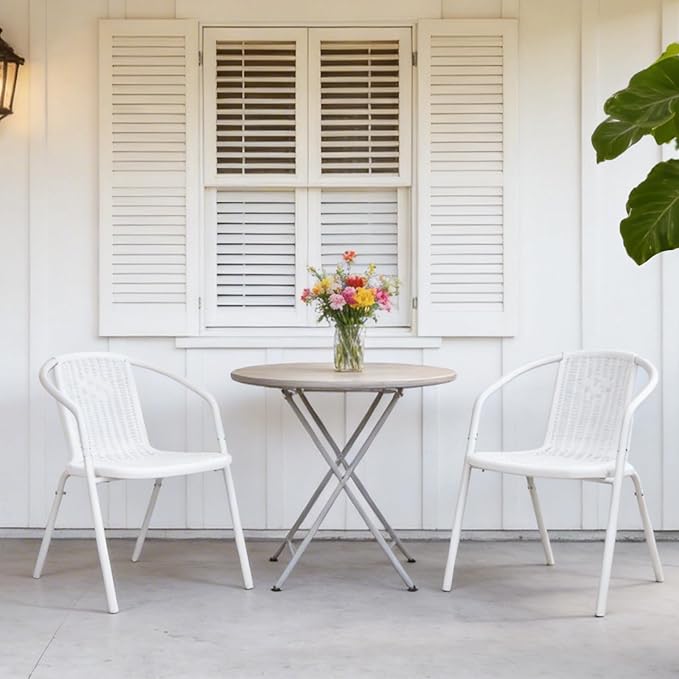 VINGLI PE Rattan Outdoor Dining Chairs Set of 2, Plastic Stackable Patio Chairs for Indoor, Porch, Restaurant, Garden, White - Image 7