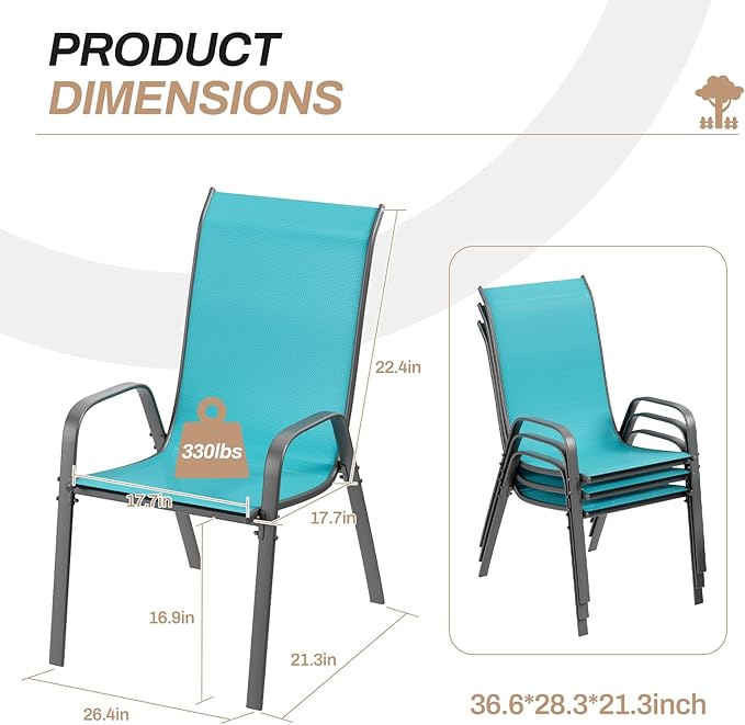 TLSUNNY Patio Chairs, Stackable Textilene Outdoor Dining Furniture for All Weather, with 17.7″ Wide Seat & Metal Frame, for Garden, Backyard, Deck, Restaurant, Poolside (4, Turquoise Blue, 26.4″) - Image 3