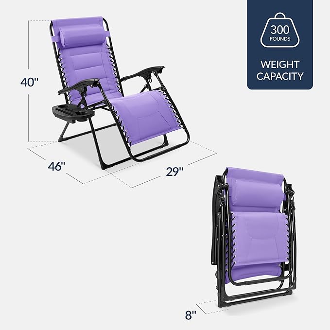 Best Choice Products Oversized Padded Zero Gravity Chair, Folding Outdoor Patio Recliner, XL Anti Gravity Lounger for Backyard w/Headrest, Cup Holder, Side Tray, Polyester Mesh - Violet - Image 2