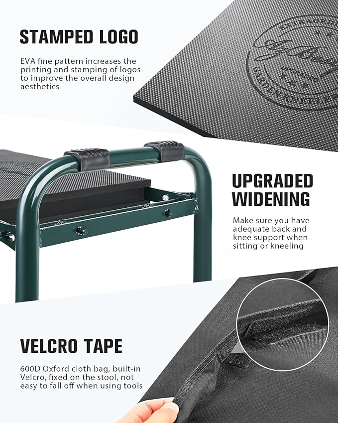 Garden Kneeler and Seat Heavy Duty, Upgraded Foldable Gardening Stool - Widened to 10" Stable Wear-resistant Prevent Knee and Back Pain, Beautiful Logo high-end 2 Large Tool Bags Gift for Women - Image 5