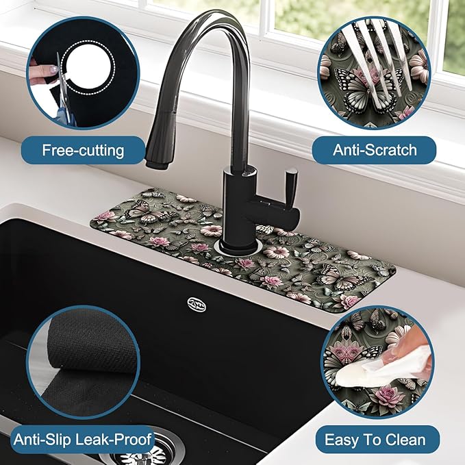 Cute Butterfly Sink Splash Guard Pink Flower Faucet Absorbing Mat Fast Drying - Image 4
