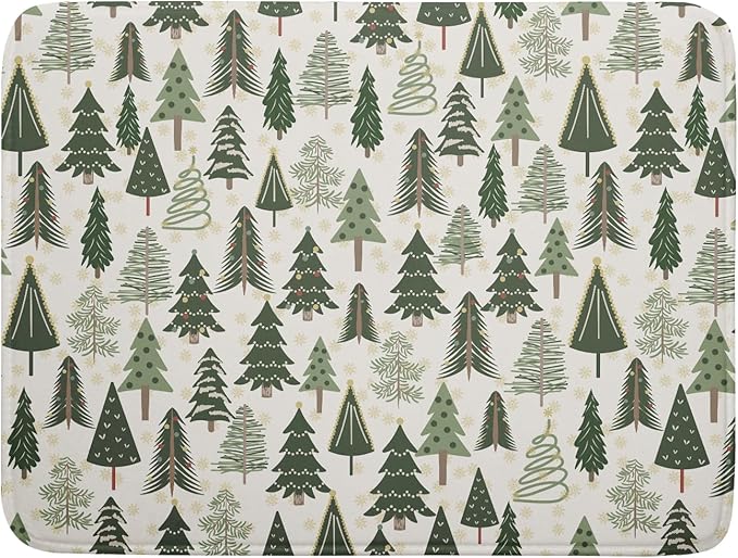 Christmas Dish Drying Mat for Kitchen Counter 18x24 Green Xmas Tree Block Print by Aytipun