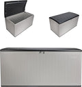 Suncast 160-Gal. Resin Extra-Large Outdoor Patio Deck Box with Pad-Lockable Lid, Modern Reeded Outdoor Patio Bench/Storage Box for Cushions, Garden Tools, and More, Iron Ore/French Gray by Suncast