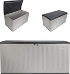 Suncast 160-Gal. Resin Extra-Large Outdoor Patio Deck Box with Pad-Lockable Lid, Modern Reeded Outdoor Patio Bench/Storage Box for Cushions, Garden Tools, and More, Iron Ore/French Gray by Suncast