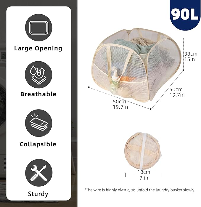 Collapsible Laundry Basket 90L, Foldable Mesh Pop-up Laundry Hamper - Image 2