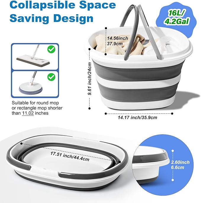 Collapsible Bucket 16L with Handles, Cleaning Mop Bucket Space Saving Foldable - Image 2