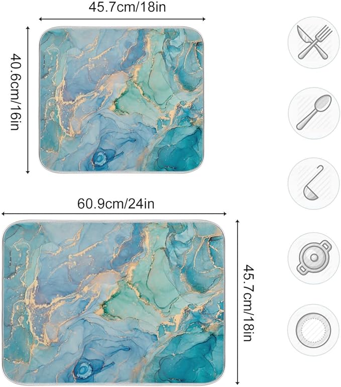 Marble Dish Drying Mat for Kitchen Counter Blue Teal Turquoise Gold Drying Mat - Image 5