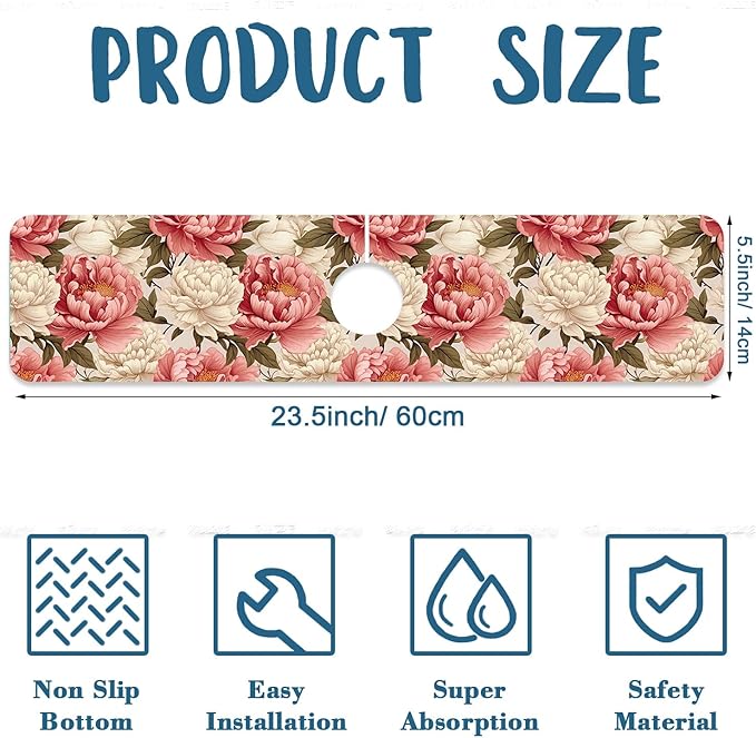 Beautiful Peony Sink Faucet Absorbing Mat Bright Peonies Super Absorbent Fast - Image 2