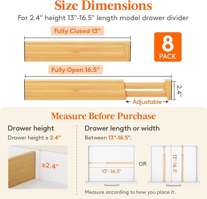 Lifewit 2.4" High 8 Pack Bamboo Drawer Dividers 33-42cm/13-16.5" Adjustable - Image 3