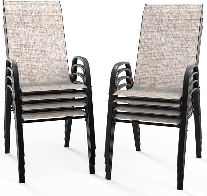 VINGLI Patio Chairs Set of 8 – Stackable Outdoor Dining Chairs with Comfortable Sling High Back Chairs and Armrests for Lawn, Poolside, Courtyard, Balcony, Garden, Yellow by VINGLI