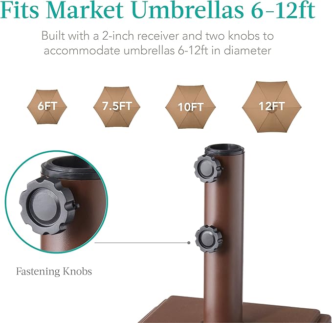 Best Choice Products Fillable Mobile Umbrella Base, Heavy Duty Base, Square Tiered Market Stand for Patio, Deck, Outdoor w/ 4 Wheels, 2 Locks, 2 Knobs, 120lb Capacity - Brown - Image 6