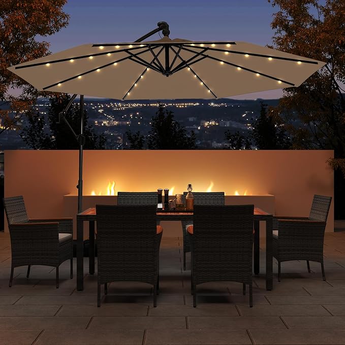Tangkula 10ft Solar LED Patio Umbrella with Base, Offset Cantilever Outdoor Umbrella with 32 LED Lights, Infinite Tilt, 360 Degree Rotation, Crank Handle for Pool Deck Garden Backyard (Tan) - Image 2
