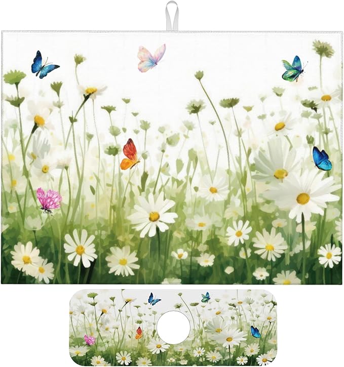 Vintage Watercolor Daisy Butterfly Dish Drying Mat by Unknown