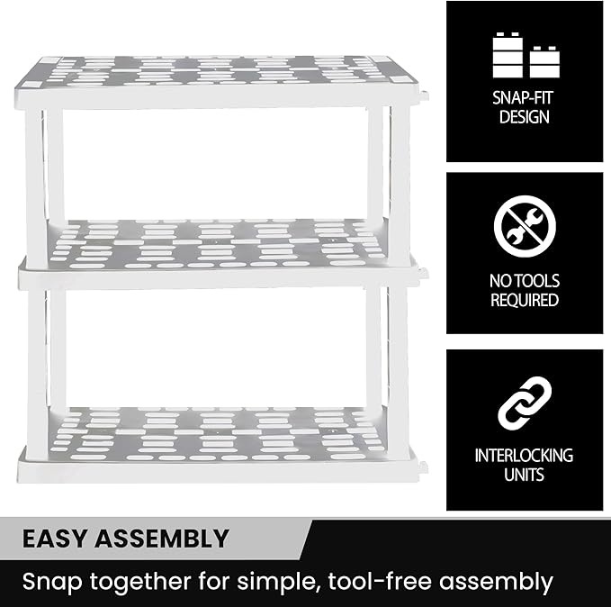 Oskar Heavy Duty Plastic Storage Shelves- for Garage, Kitchen, Bathroom Basement Kids Room, Stackable 3-Tier White, Organizer Rack for Books Shoes, Toys, Pantry, Cleaning and Closet Organization - Image 7