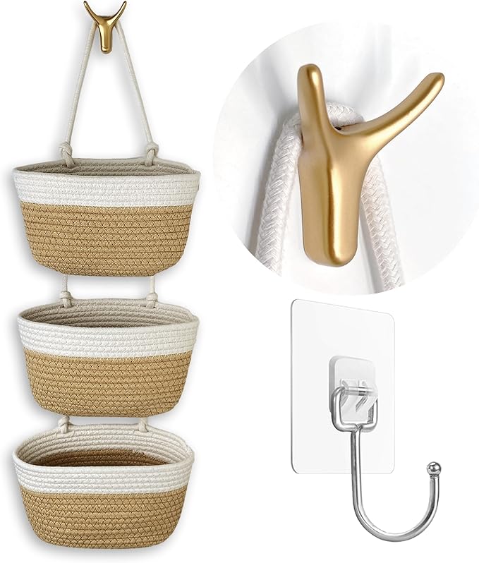 3-Tier Decorative Cotton Rope Hanging Basket, Wall-Mounted Woven Storage by Unknown