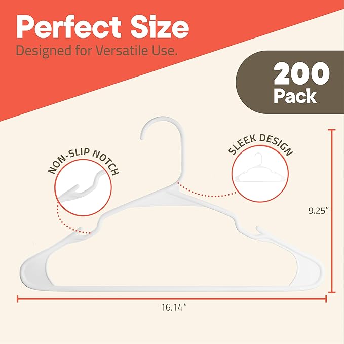 White Plastic Hangers 200 Pack– Heavy-Duty Plastic Hangers Slim and Space-Saving - Image 2
