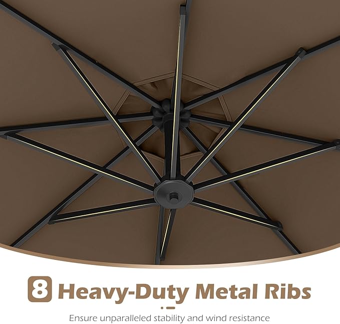 Tangkula 10ft Solar LED Patio Umbrella with Base, Offset Cantilever Outdoor Umbrella with 32 LED Lights, Infinite Tilt, 360 Degree Rotation, Crank Handle for Pool Deck Garden Backyard (Tan) - Image 9