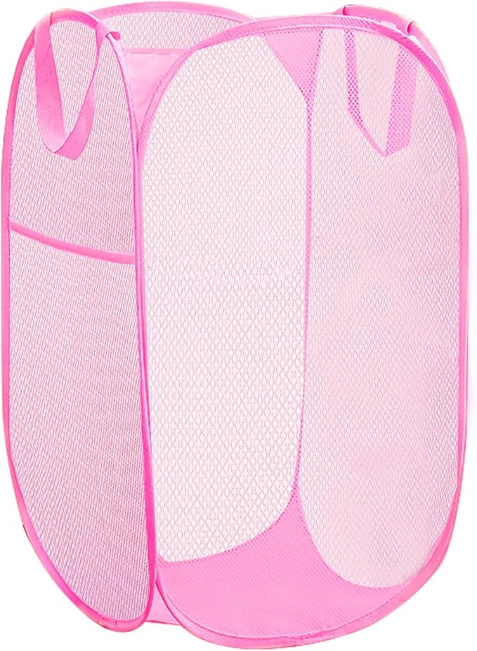 Portable Mesh Pop Up Laundry Hamper Pink Vertical Collapsible Laundry Basket by Aplter