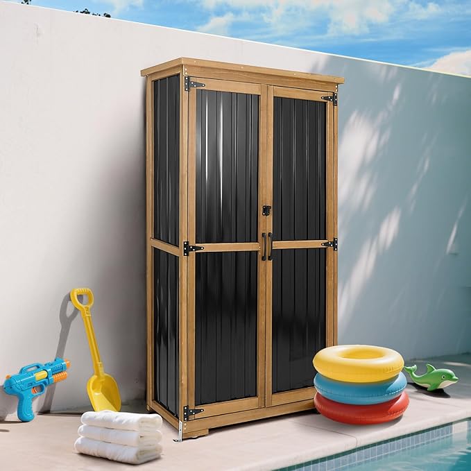 PetsCosset Outdoor Storage Cabinet, Wood & Metal Storage Shed with Weather-Resistant Roof, Removable Shelves, Lockable Doors, Outside Storage Tool Organizer for Garden, Patio, Backyard, Garage, Pool - Image 8