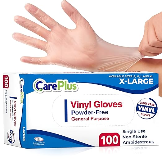 CARE PLUS Latex-Free Vinyl Gloves Clear Extra Large Size 100 Count | Heavy Duty by CarePlus
