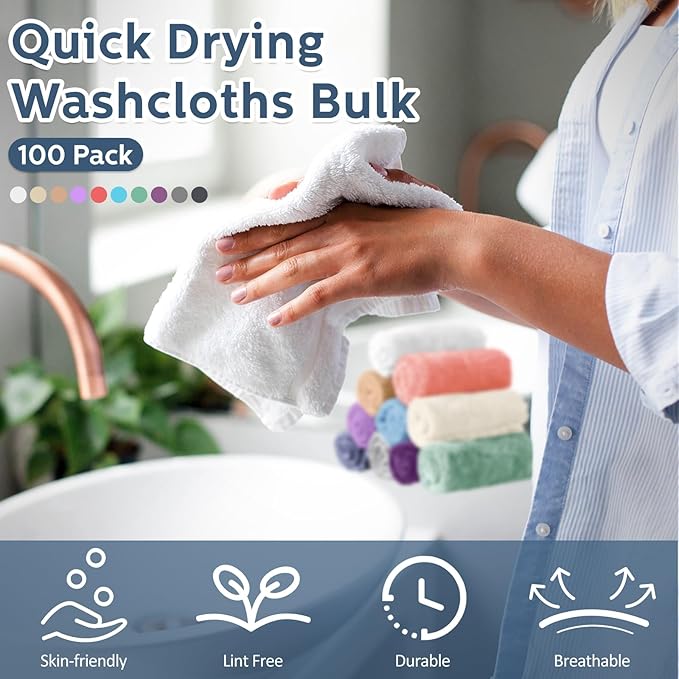 Newwiee 100 Pcs Washcloths Bulk Quick Drying Bathroom Wash Clothes 12 x 12 Inch - Image 3