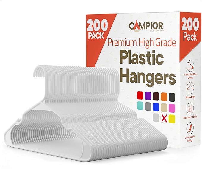 White Plastic Hangers 200 Pack– Heavy-Duty Plastic Hangers Slim and Space-Saving by Campior
