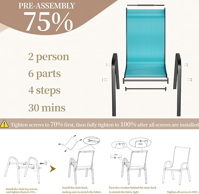 MAMIZO Patio Dining Chairs, Stackable All Weather Teslin Chair, Heavy Duty Outdoor Breathable Chairs Set, w/Armrests, Upgraded Chair FeetW/Strenthened Iron Spacers, 330 LBS (6, Turquoise Blue) - Image 5