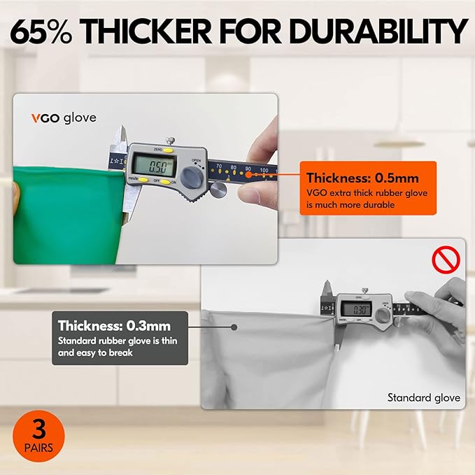 Vgo... 3-Pairs Reusable Household Gloves, Rubber Dishwashing gloves, Extra - Image 2