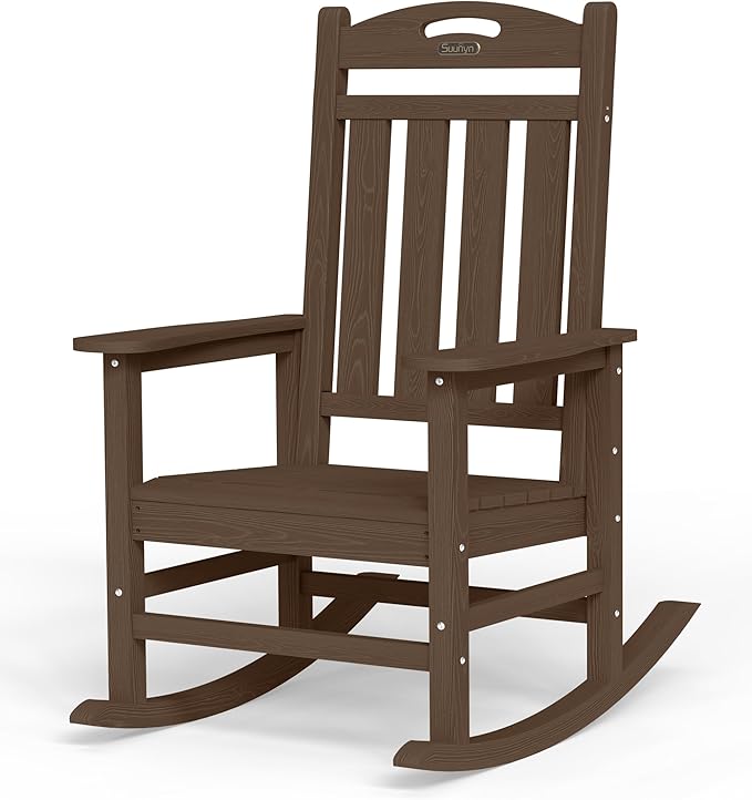 Oversized Outdoor Rocking Chair, HDPE All Weather Resistant Rocking Chairs for Patio, High Back Porch Rocker Chair, 380lbs Weight Capacity, Brown by Suunyn