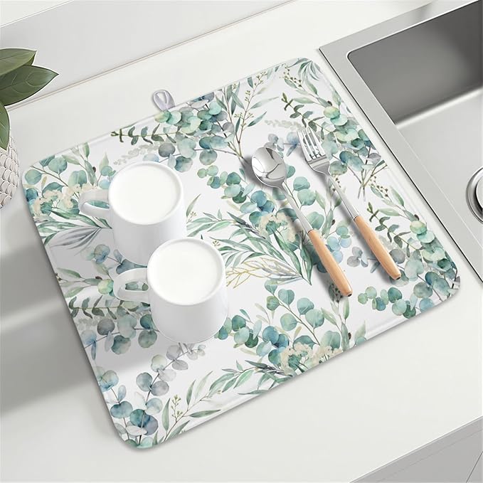 Spring Sage Green Leaves Dish Drying Mat - Image 8