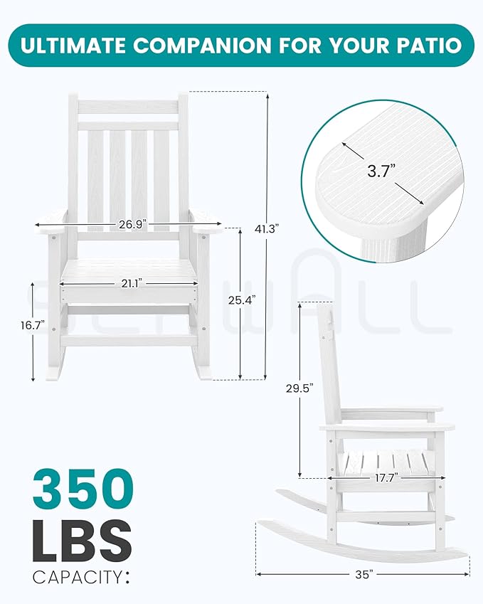 SERWALL Outdoor Rocking Chair, HDPE Rocking Chair for Adults, All Weather Porch Oversized Rockers for Lawn Garden, White - Image 3