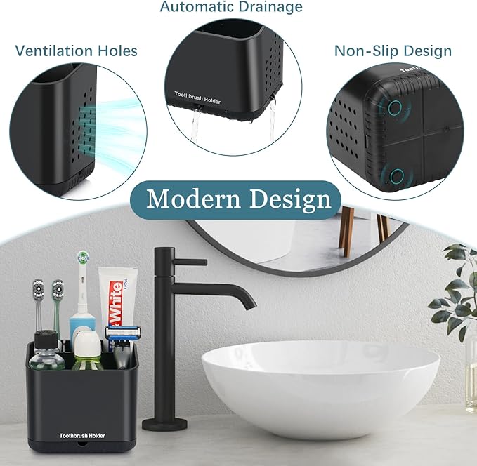 Black Toothbrush Holders for Bathrooms, Kids Electric Toothbrush and Toothpaste - Image 3
