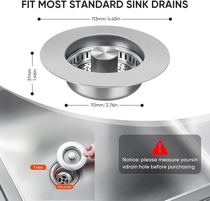 Upgraded 3 in 1 Kitchen Sink Drain Strainer & Sink Stopper, 304 Stainless Steel - Image 5