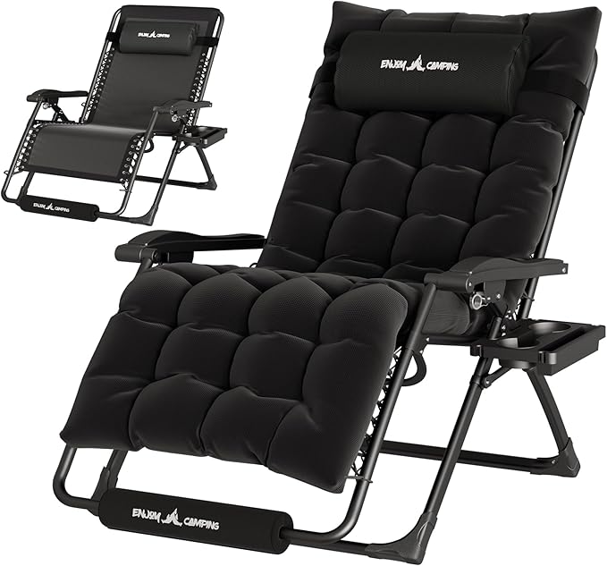 UDPATIO Oversized Zero Gravity Chair 29In XL Patio Reclining Chair with Cushion, Outdoor Folding Recliner with Pillows|Cup Holder|Foot Rest|Padded Headrest, Black, Support 500LB by UDPATIO