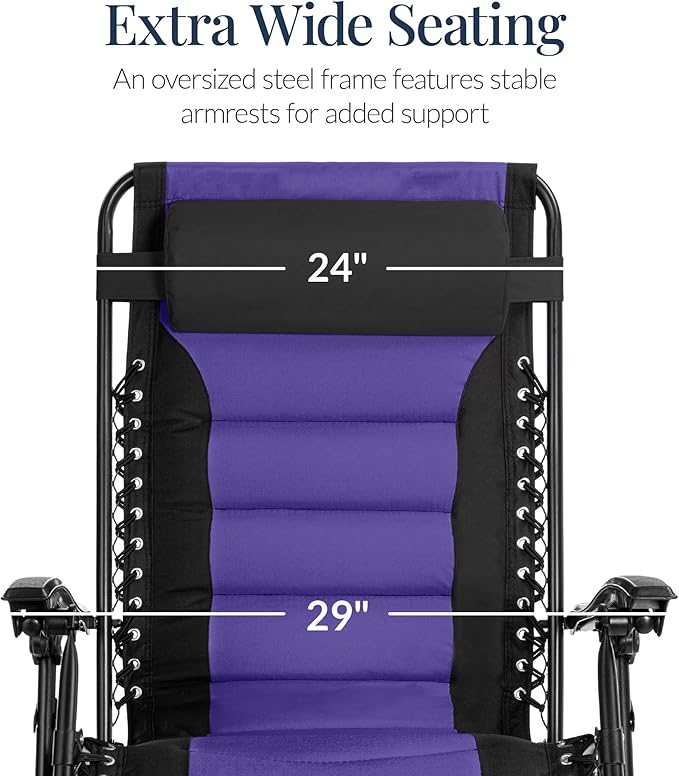 Best Choice Products Oversized Padded Zero Gravity Chair, Folding Outdoor Patio Recliner, XL Anti Gravity Lounger for Backyard w/Headrest, Cup Holder, Side Tray, Polyester Mesh - Black/Purple - Image 4